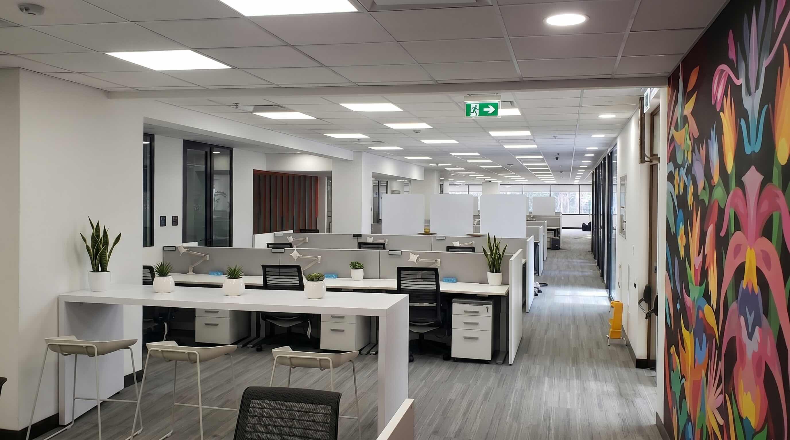 Oficina reformada con nueva distribución, iluminación y mobiliario para mayor confort y funcionalidad.